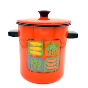 Vintage 1970-tals amerikansk stämpling grafisk gourmetkokare - orange emalj 4,5 qt ångkokare - komplett insatsset