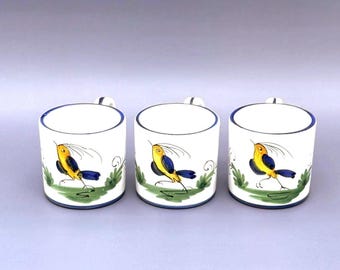 Vintage Hand Painted Bird Mug Set - Signed D.A. Maho - Ceramic Coffee Cups - Folk Art Style - Set of 3