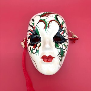 Vintage Venetian-Style Hand-Painted Mask – Red, Green & Gold Flourish Design (10" Tall)