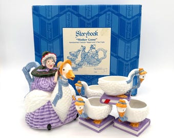 Vintage Dept 56 Storybook Mother Goose Tea Set – Handpainted Ceramic Teapot & 4 Cups – Goose Design w/ Box