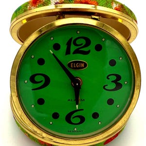 Réveil de voyage Elgin vintage - Étui floral vert, fabriqué en Allemagne, fonctionnel, avec boîte