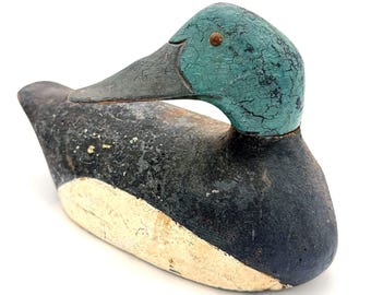 Vintage Bluebill Duck Decoy – Old Working Scaup Hunting Decoy – Cork Wood Folk Art Cabin Decor