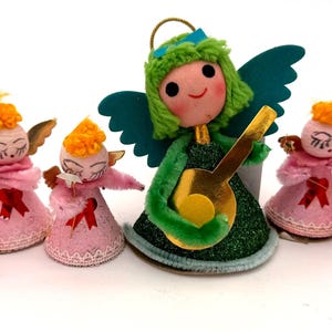 Pink & Green Spun Cotton Angel Ornaments – Set of 6 1950s Japan Mid-Century Christmas Tree Decorations