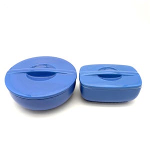 Vintage Hall China Covered Dishes – Montgomery Ward Exclusive – Blue Glazed Round & Loaf Refrigerator Set