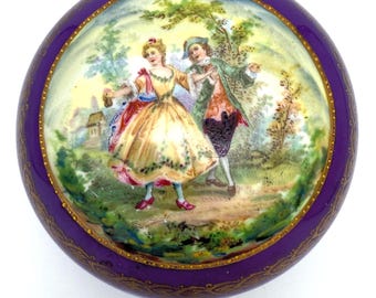Vintage German Porcelain Trinket Box – Rococo Courting Couple – Purple Gold Hinged Powder Box