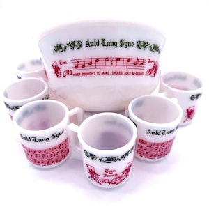 Vintage Hazel Atlas Tom & Jerry Punch Bowl Set – 7-Piece Milk Glass with Auld Lang Syne and Holiday Graphics