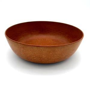 Pode incluir: Uma tigela redonda e texturizada em tons de castanho. A tigela tem um design largo e raso com um exterior ligeiramente áspero e um interior liso. A tigela é provavelmente feita de um material natural, como madeira ou um compósito.