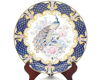 Plato japonés vintage con diseño de pavo real – Azul cobalto y celosía dorada – Plato de pared de porcelana – Decoración floral con aves – 20 cm