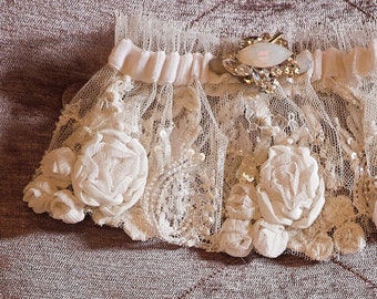 Amelie - Luxurious Couture Floral French Lace Wedding Garter with Creative Touch Swarovski Crystal Brooch