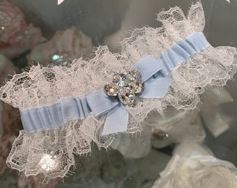 Liga de novia de encaje francés / Cristal Swarovski, algo azul