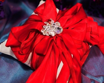 Luxurious Red Silk and Swarovski Crystal Ring Pillow