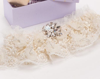 Francois - Cream Beaded Intricate French Lace Couture Wedding Garter with Creative Touch Swarovski Crystal Brooch