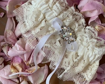 Margot - A Cream French Lace Wedding Garter with Pearl Rosette or Swarovski Crystal Brooch