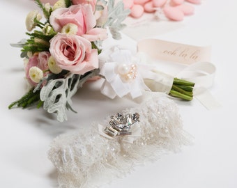 Anouk - Liga de boda de encaje francés con cuentas con toque creativo Broche de cristal Swarovski