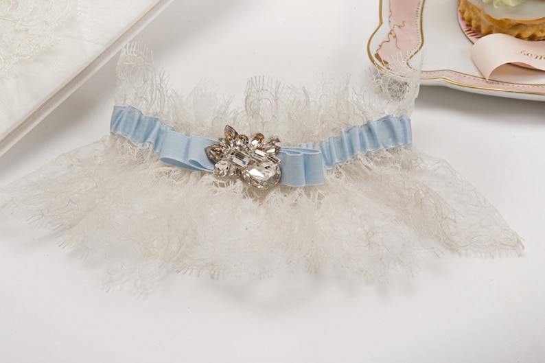 Something Blue French Lace Wedding Garter with Swarovski Crystal Detail Bridal Garter Keepsake Garter Garter Set Gift for the Brides image 2