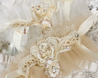 Claudette - A Delicate French Lace Wedding Garter with Beaded Detail on Tulle