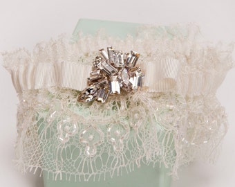 Adèle - Delicate Beaded French Lace Wedding Garter with Creative Touch Swarovski Crystal Brooch