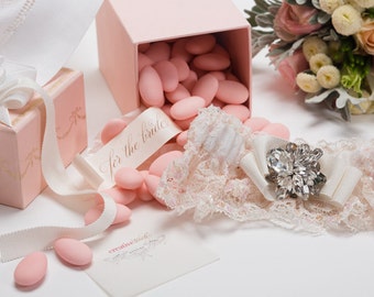 Clemence - Pink Beaded French Lace Wedding Garter with Couture Creative Touch Swarovski Crystal Brooch