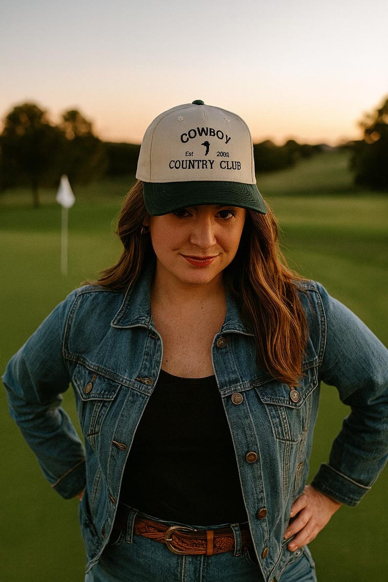 Gorra de golf estilo western / Gorra snapback estilo Cowboy Country Club / Bordado verde tostado imagen 2