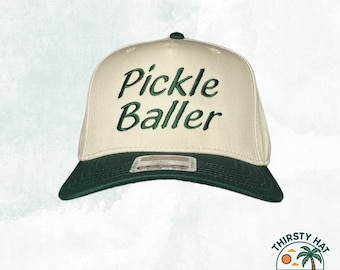Pickle Baller Embroidered Snapback Hat | Tan Forest Green Court Style