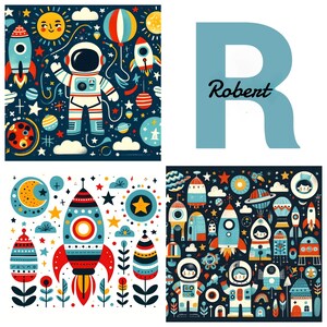Colección Cohetes para Niños: Set de 3 piezas de arte digital para pared con nombre personalizado e impresiones de temática espacial para la decoración de habitaciones infantiles, guarderías y aulas.