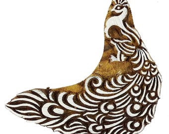 Hand Carved Peacock Wood Stamp, Textile Printing Block, Indian Decor