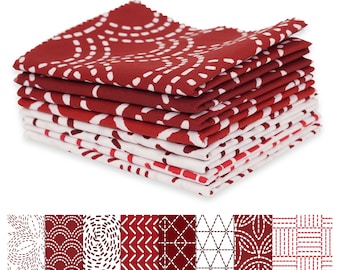 Soimoi 8 Pc Fat Quarter Bundle - Red Japanese Sashiko Print 18"x 22" DIY Patchwork- 100% Cotton Pre-Cut Quilting Fabric