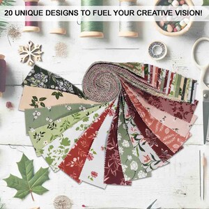 May include: A collection of 20 fabric squares with floral patterns in shades of green, red, and pink. The fabric squares are arranged in a fan shape and are rolled up in the center. The fabric squares are perfect for quilting, crafting, and other sewing projects.