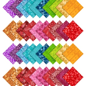 Op de afbeelding: Een set van 24 stoffen vierkanten met verschillende kleurrijke patronen, waaronder bloemen, geometrische en abstracte ontwerpen. De vierkanten zijn gerangschikt in rijen, waarbij elke rij een ander kleurenschema heeft.
