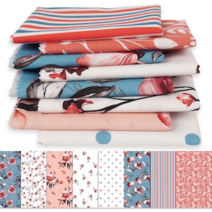 May include: A collection of patterned fabric squares in various designs. The patterns include floral, polka dots, stripes, and botanical prints in shades of red, blue, and white. The fabrics are neatly folded and stacked.