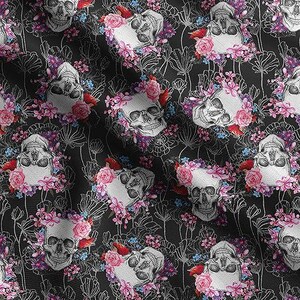 May include: A repeating pattern featuring white skulls adorned with pink and red roses and purple flowers. The skulls are set against a black background with a delicate floral outline design.