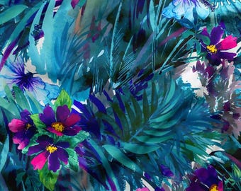 Teal Blue Botanical Cotton Fabric - Textured Floral Print