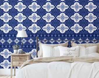 Papel tapiz de vinilo autoadhesivo S4sassy, removible e impermeable, con estampado de mosaico azul para salpicadero y cocina.