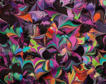 May include: Abstract fabric with a swirling pattern in vibrant colors. The design features a mix of purple, pink, green, orange, and blue hues against a black background. The fabric has a dynamic, artistic appearance, with a ruler showing inches and centimeters.