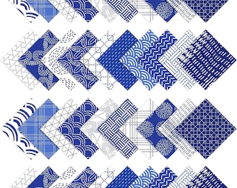 May include: A set of 36 blue and white patterned fabric squares. The squares feature a variety of geometric and floral designs.