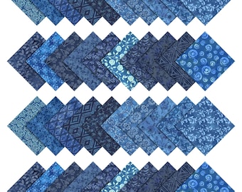 May include: A set of 24 blue fabric squares with various patterns, including floral, geometric, and paisley designs. The squares are arranged in four rows of six, with each row slightly offset from the one above it.
