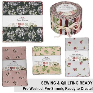 May include: A set of pre-washed and pre-shrunk fabric squares featuring floral patterns in shades of green, pink, and white. The fabric squares are labeled "Floral Whimsy" and are ready for sewing and quilting projects.