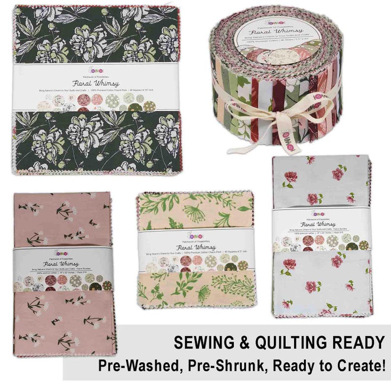 May include: A set of pre-washed and pre-shrunk fabric squares featuring floral patterns in shades of green, pink, and white. The fabric squares are labeled "Floral Whimsy" and are ready for sewing and quilting projects.