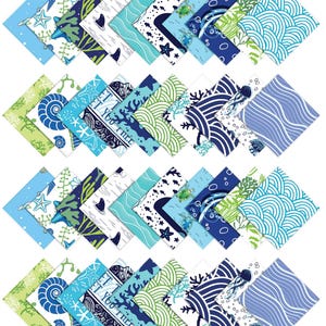 May include: A set of 24 fabric squares featuring various ocean-themed patterns in shades of blue, green, and white. The patterns include seashells, starfish, coral, waves, and fish. The fabric squares are ideal for quilting, crafting, and other sewing projects.