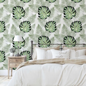 S4Sassy Peel & Stick Vinyl Tapete, schicke Monstera-Dschungel-Tapete, Kontaktpapier, wasserfeste, entfernbare Wandverkleidung für Schlafzimmer