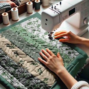 May include: A person is sewing a green and beige patchwork quilt with a white sewing machine. The quilt has a floral pattern and is being sewn with a straight stitch.