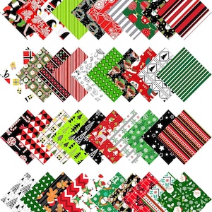 May include: A collection of Christmas-themed patterned paper squares. Designs include stripes, geometric shapes, Christmas trees, ornaments, and gingerbread men in red, green, black, and white. Ideal for crafting and holiday projects.