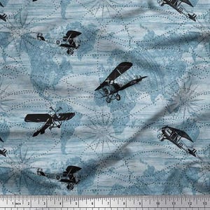 Soimoi Cotton Dusty Blue Fabric- by The Yard, Dot, Airplane & Map Printed Material for Quilting, Kurtis, Kids Clothing, Curtains, Tablecloth
