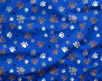 Blue Cotton Fabric with Paw Dog Print, By The Yard