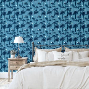 S4Sassy Palm Tree Paradise Wallpaper-Teal Blue Tropical Wall Covering, Self-Adhesive Vinyl Wallpaper-Easy DIY Decor For Bedroom, LivingRoom