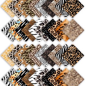 Może przedstawiać: Kolekcja kwadratowych próbek tkanin z różnymi wzorami zwierzęcymi. Próbki prezentują wzory takie jak cętki lamparta, paski zebry i łuski węża w kolorach takich jak czarny, brązowy, biały i pomarańczowy. Układ jest w formie siatki.