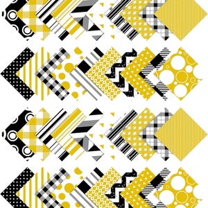 May include: A set of 20 patterned paper squares in black, white, and yellow. The patterns include polka dots, stripes, gingham, and geometric designs.
