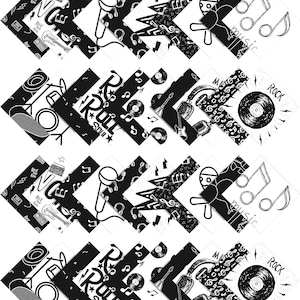 May include: Black and white patterned fabric squares featuring musical notes, guitars, microphones, and the words "Rock N Roll" and "Music".