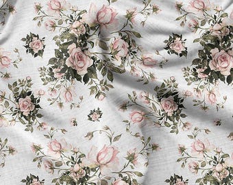 May include: A white fabric with a repeating pattern of pink roses and green leaves. The roses are in various shades of pink and the leaves are a deep green.