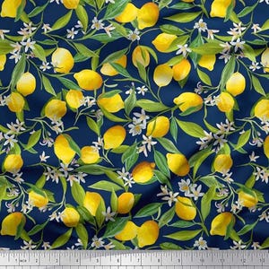 Lemon Floral Print Cotton Fabric - Oxford Blue, Quilting Fabric